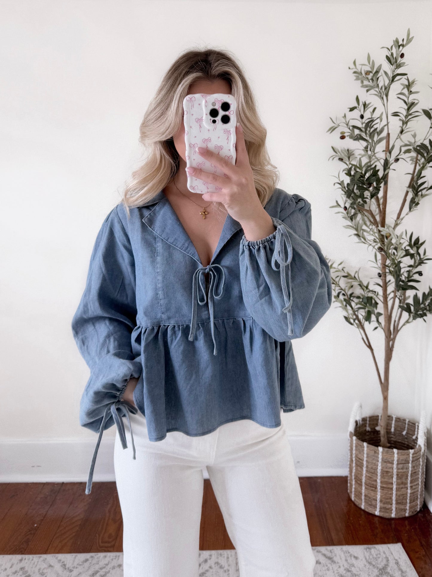 Denim Dream Tie Babydoll Top Final Sale