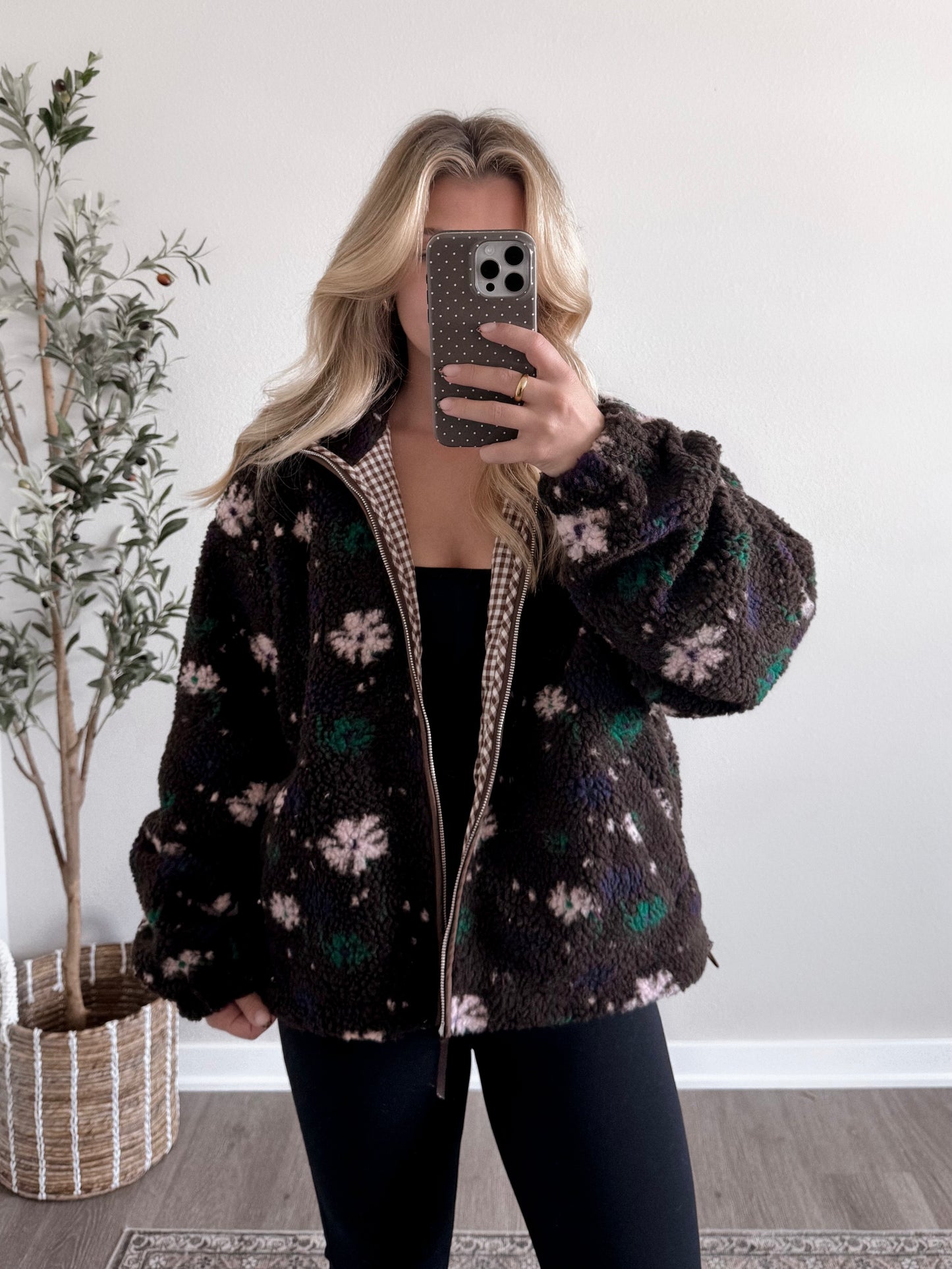 Honey Bear Floral Sherpa Jacket / Espresso
