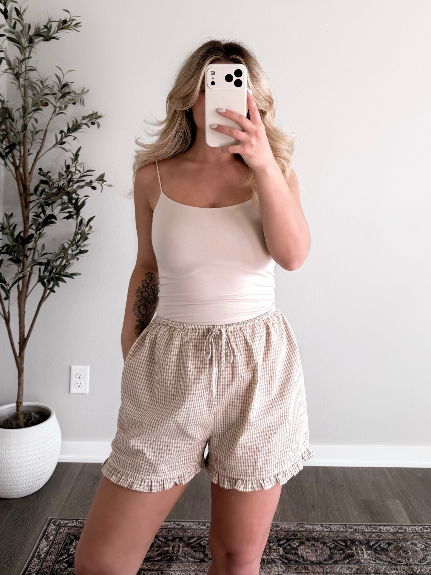 Daytime Grid Print Ruffle Shorts