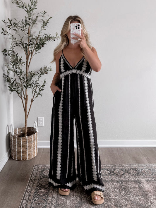 Goldie Boho Embroidered Jumpsuit / Black Final Sale