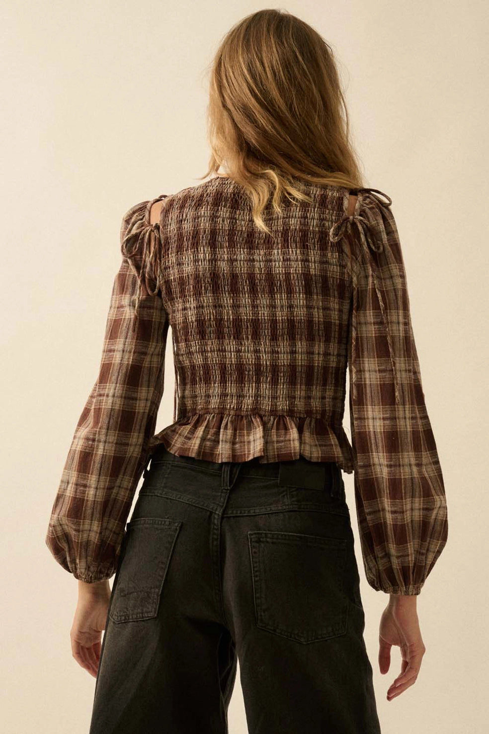 Leaves Falling Plaid Smocked Top (Restocking Soon)