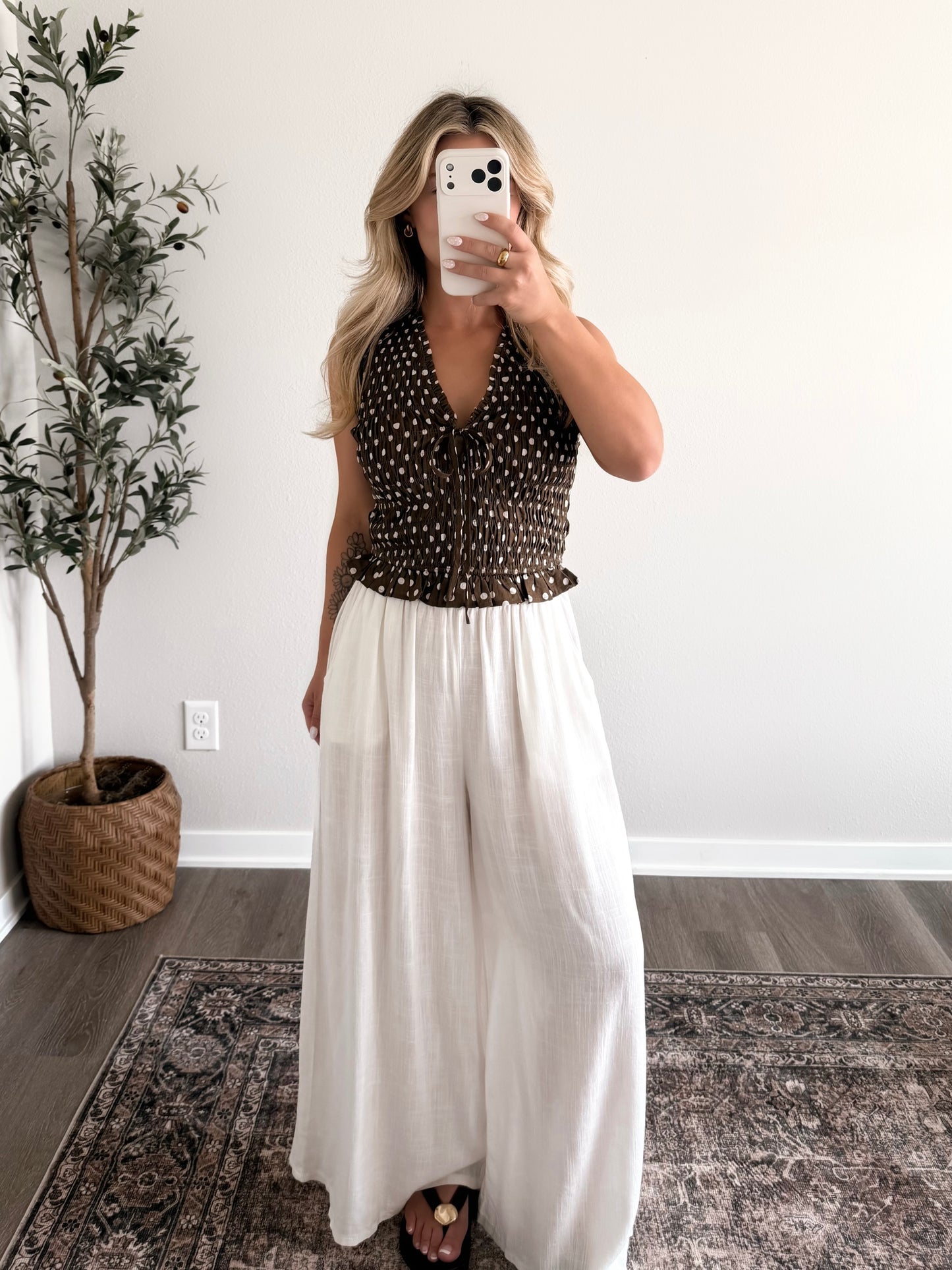 Cold Brew Dotted Smocked Top