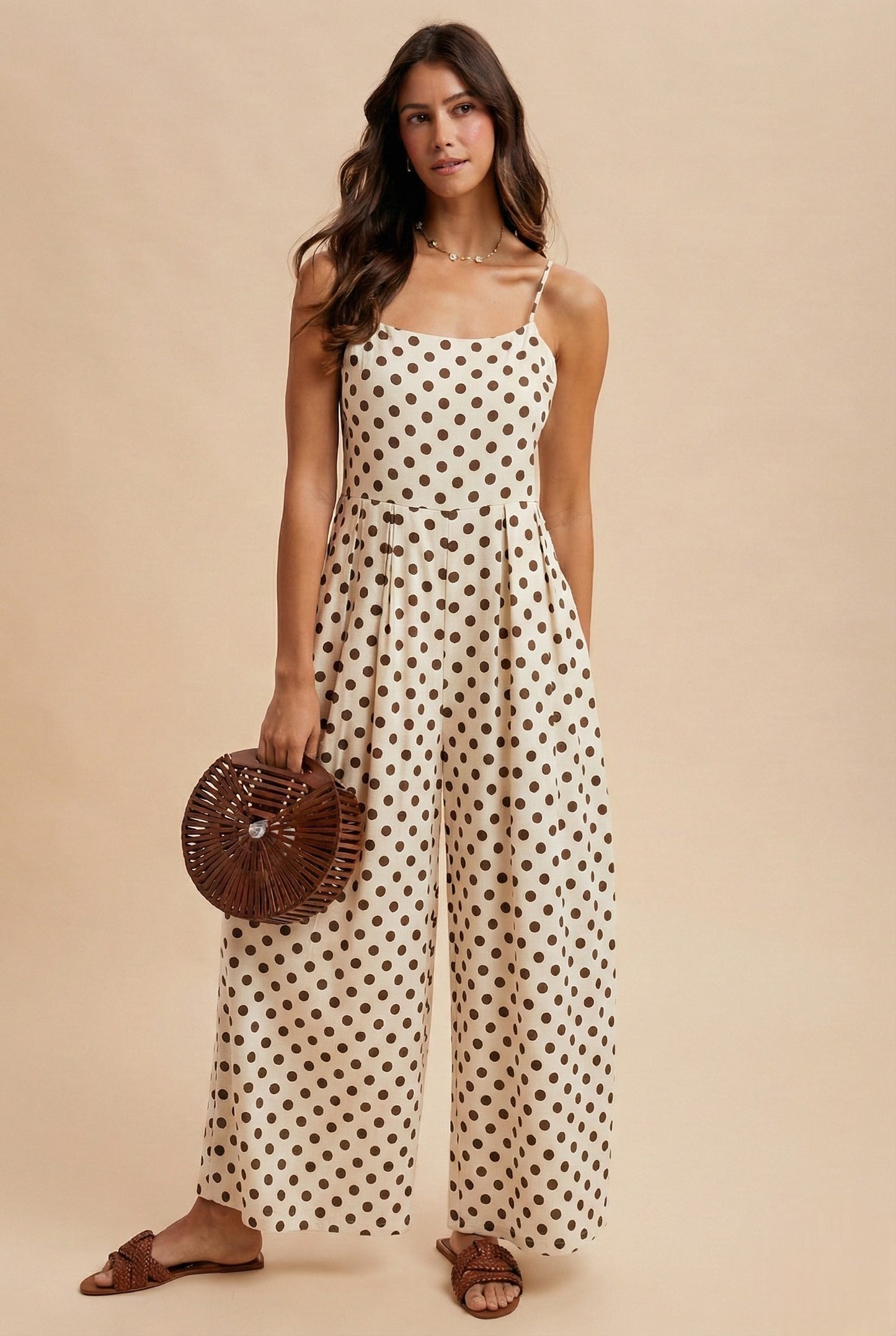 Biscotti Dotted Wide Leg Jumpsuit / Cream-Brown