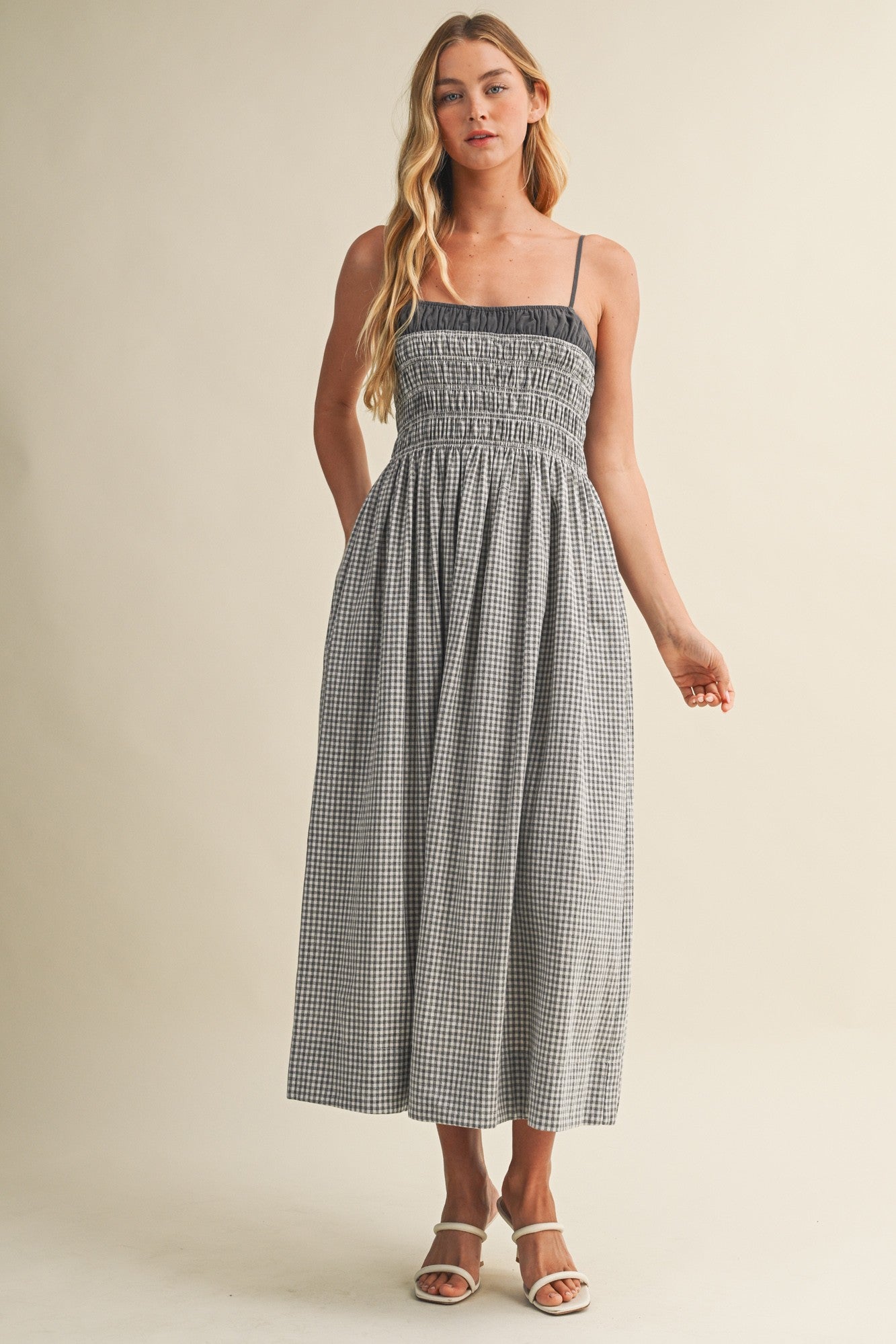 Grove Gingham Midi Dress / Stone (PREORDER EST SHIP 6.06)