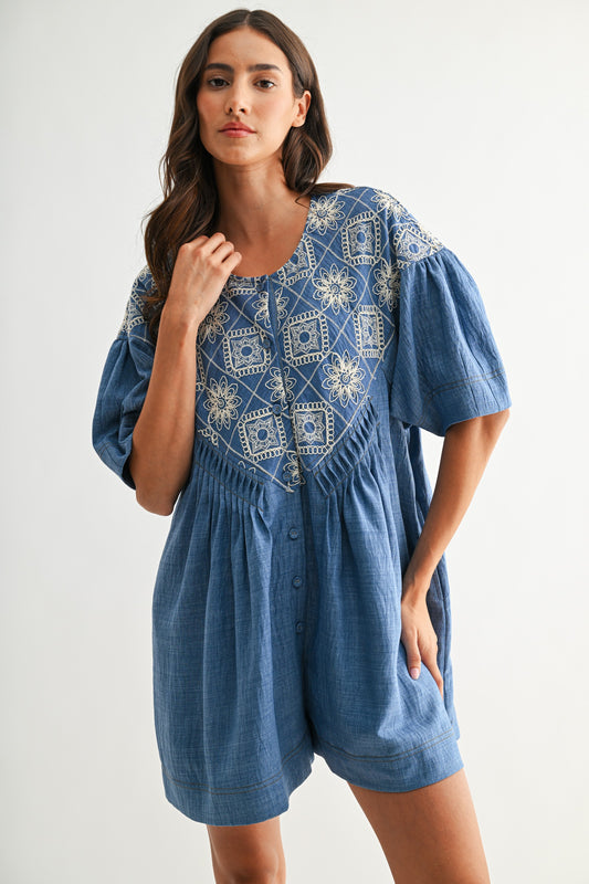 Indigo Embroidered Babydoll Romper