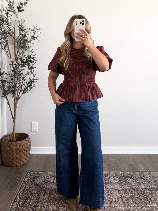 Autumn Valley Grid Peplum Top