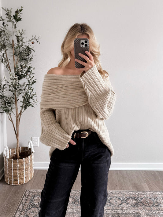 Bellamè Off Shoulder Sweater / Beige (Restocking End Of October)