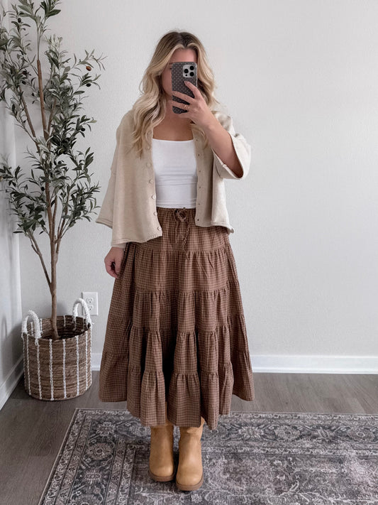 Maple Grid Print Midi Skirt (Short Friendly)
