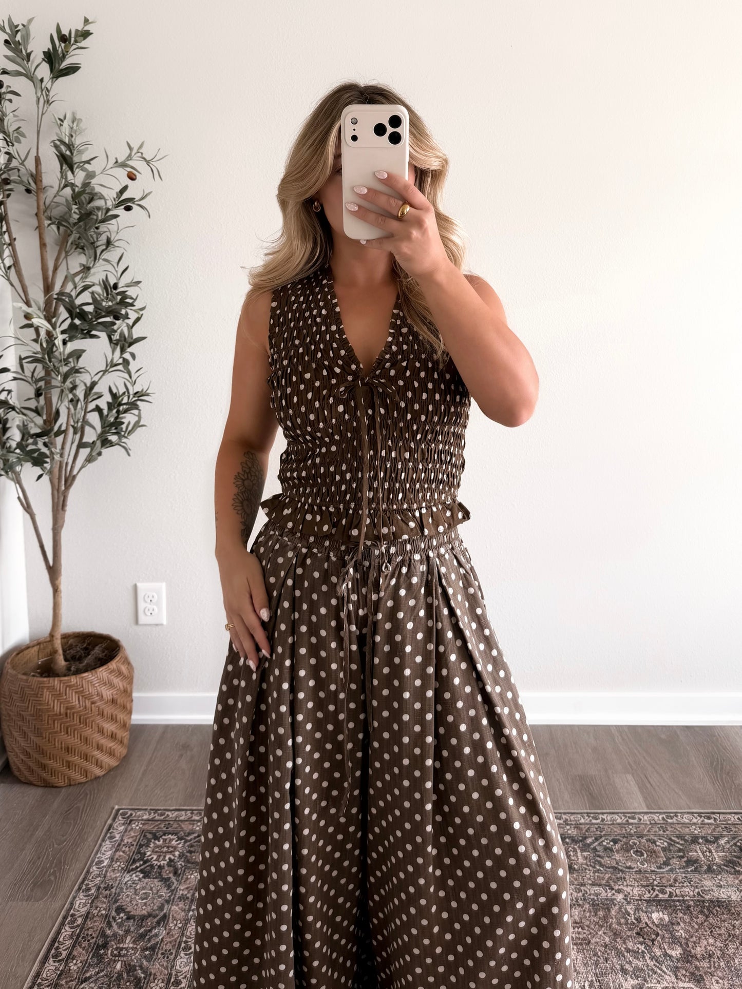 Cold Brew Dotted Smocked Top