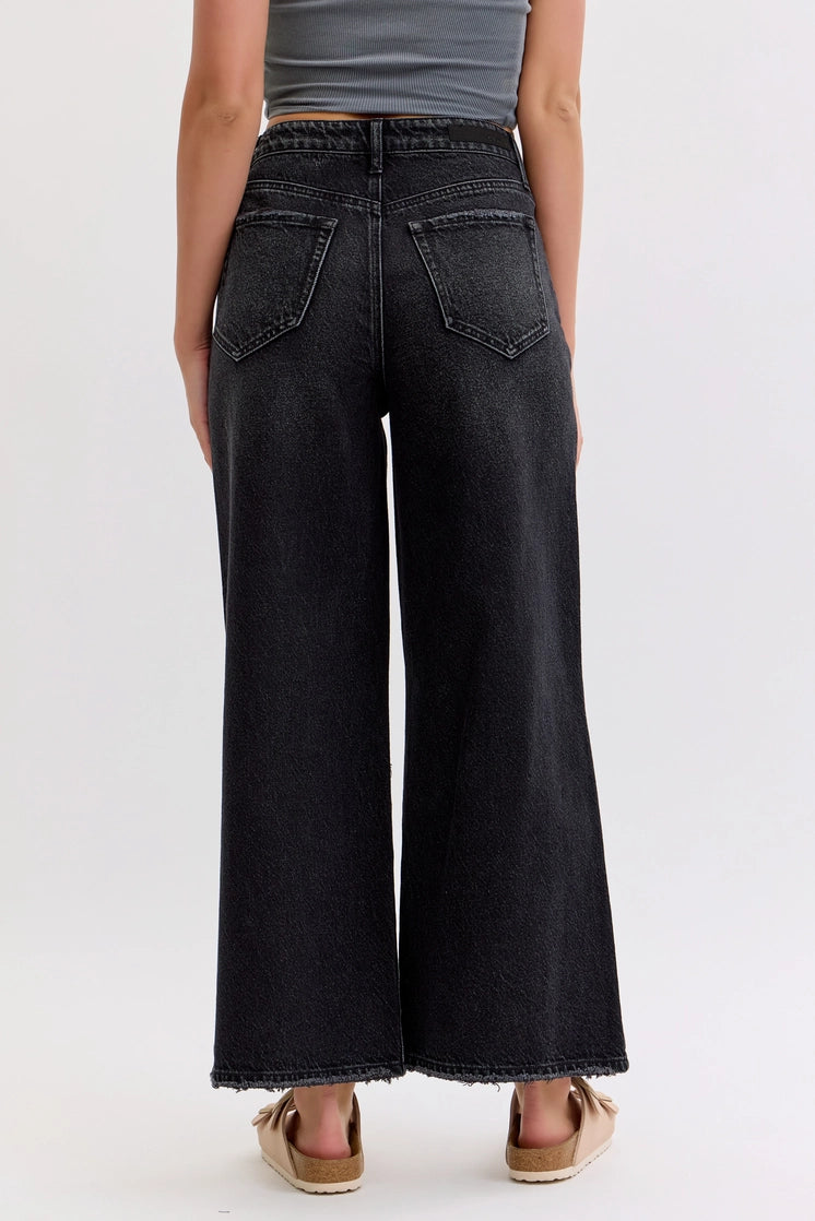 Zayne High Waisted Crop Wide Leg Jean / Washed Black