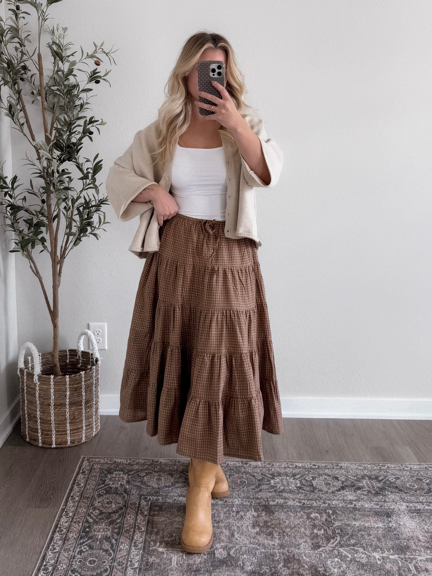 Maple Grid Print Midi Skirt (Short Friendly)