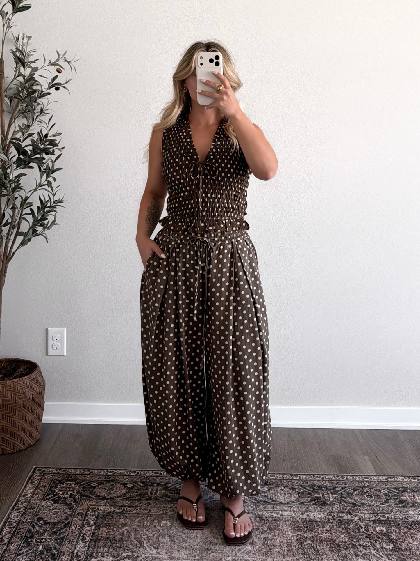 Cold Brew Dotted Smocked Top