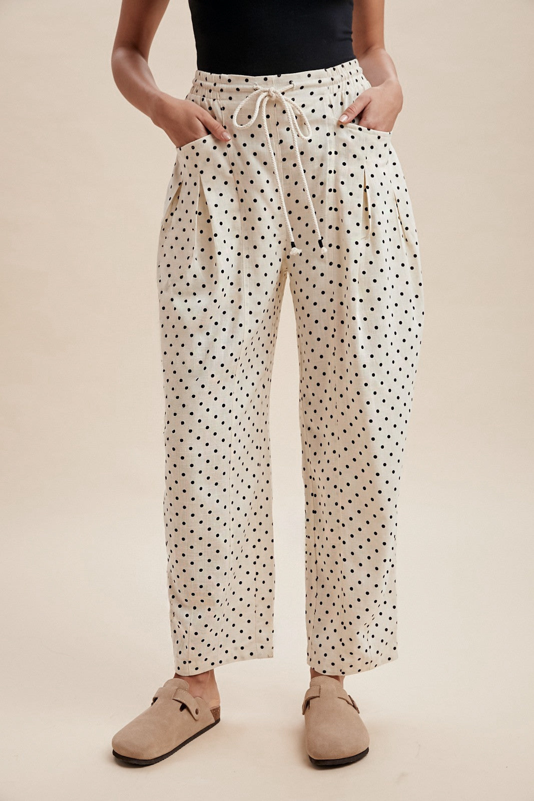 Neutral Dot Linen Barrel Pant (Restocking Early April)