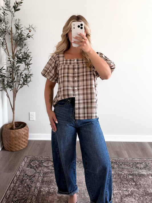 Toasted Plaid Button Top