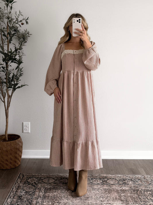 Cottage Lane Gingham Midi Dress (Restocking Early October)