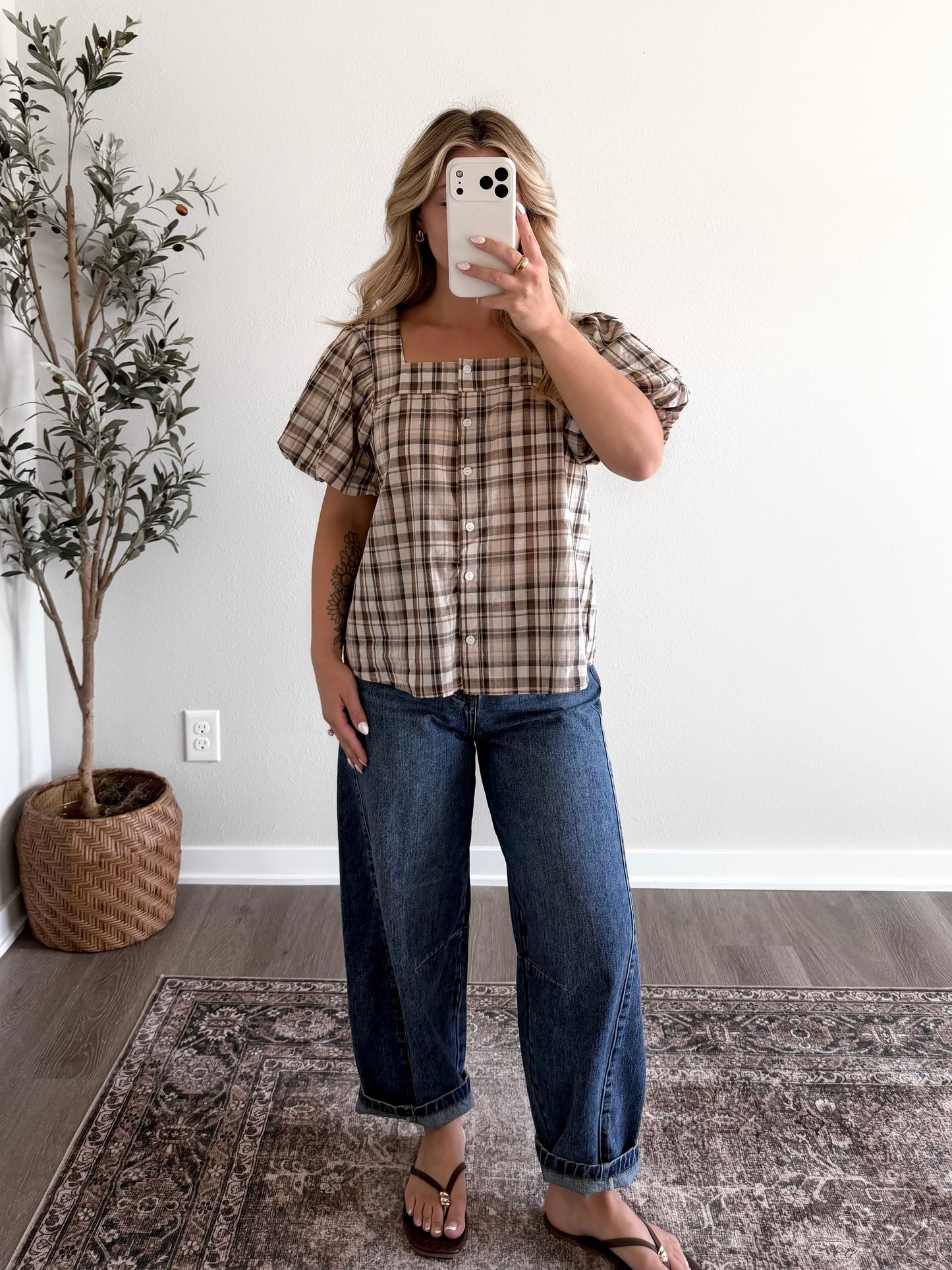 Toasted Plaid Button Top