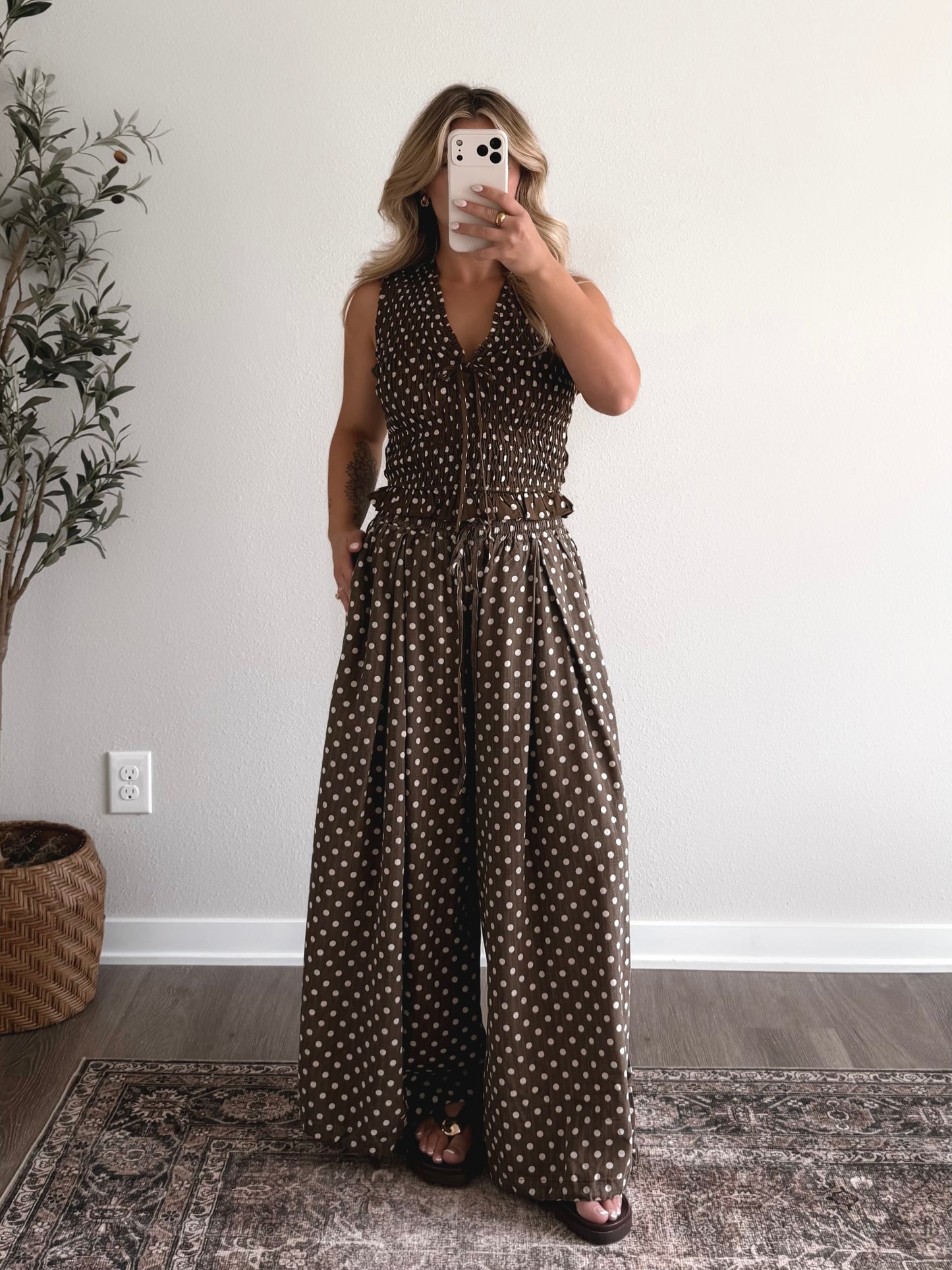 Cold Brew Dotted Smocked Top