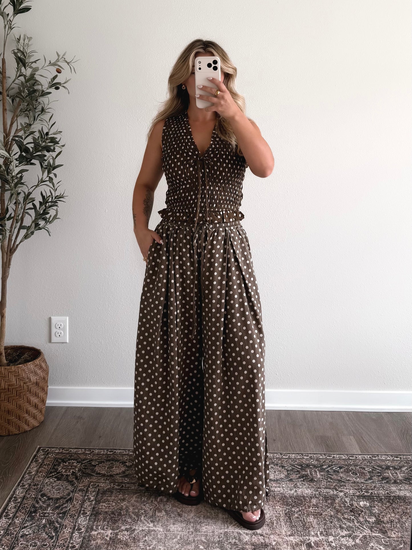 Cold Brew Dotted Smocked Top