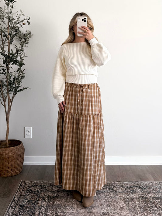 Toasted Pecan Plaid Maxi Skirt / Caramel