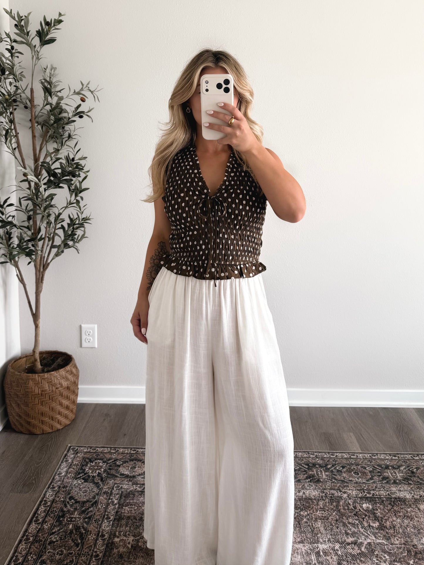 Cold Brew Dotted Smocked Top