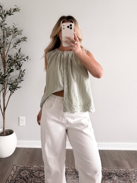 Soft Mint Eyelet Button Top