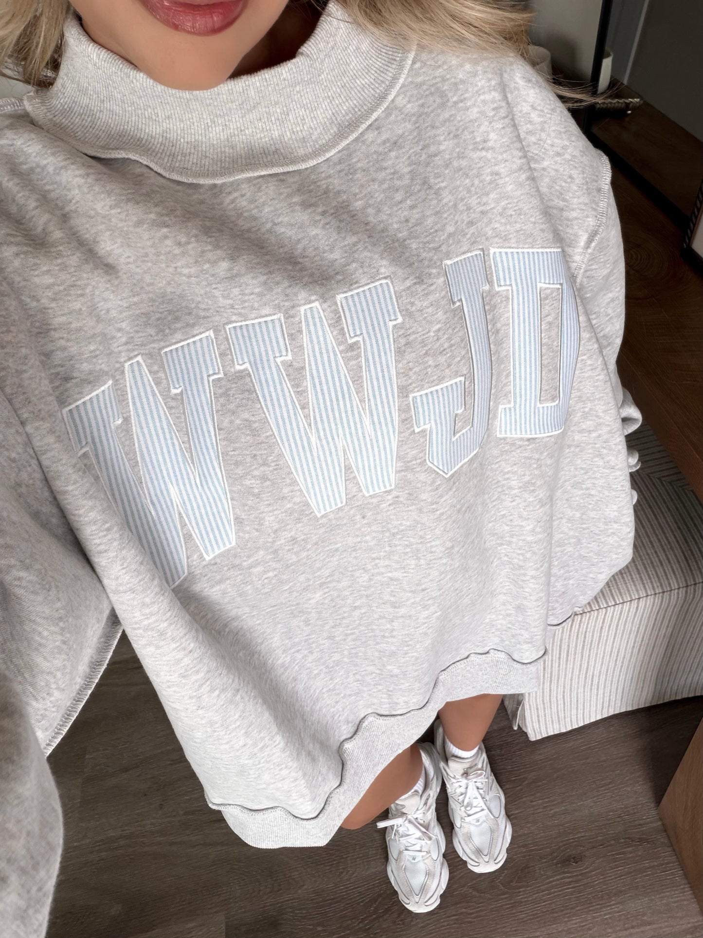 "WWJD" Oversized Mockneck / Blue Stripe