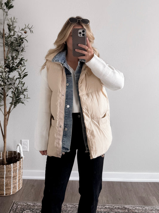 Daily Wear Denim Layered Puffer Vest / Vanilla