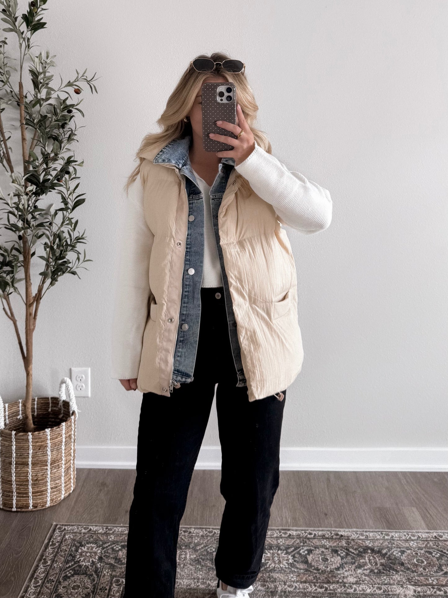 Daily Wear Denim Layered Puffer Vest / Vanilla
