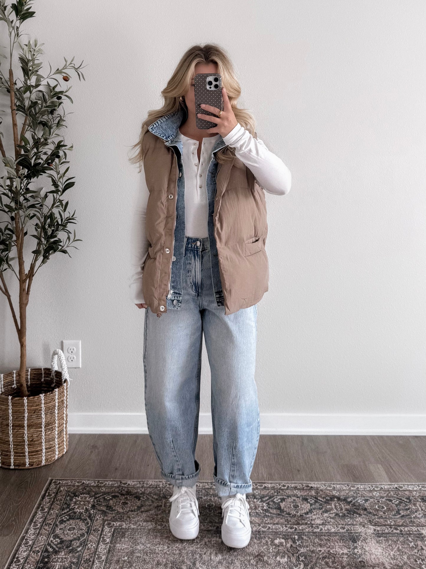 Daily Wear Denim Layered Puffer Vest / Mocha (Restocking Soon)