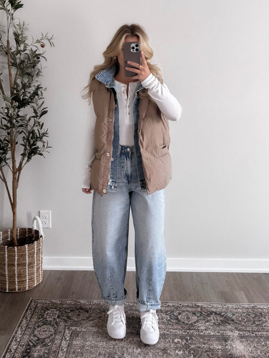 Daily Wear Denim Layered Puffer Vest / Mocha (Restocking Soon)