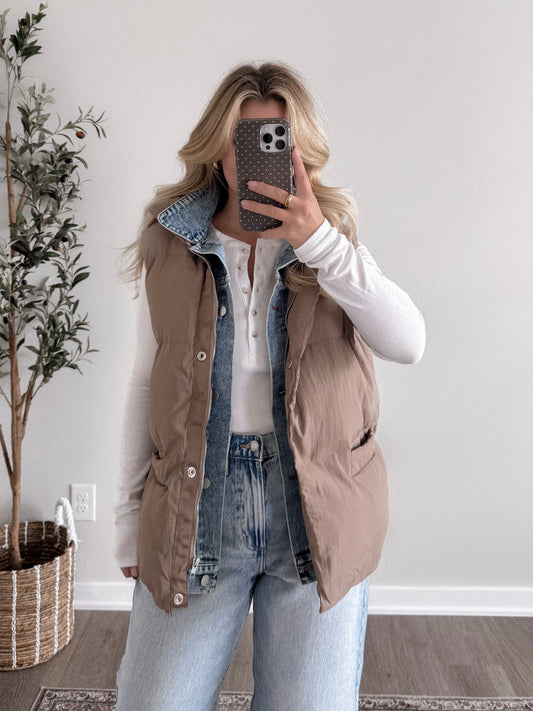 Daily Wear Denim Layered Puffer Vest / Mocha (Restocking Soon)