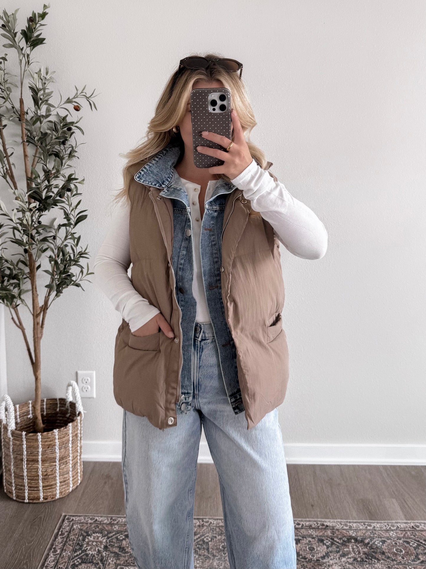 Daily Wear Denim Layered Puffer Vest / Mocha (Restocking Soon)