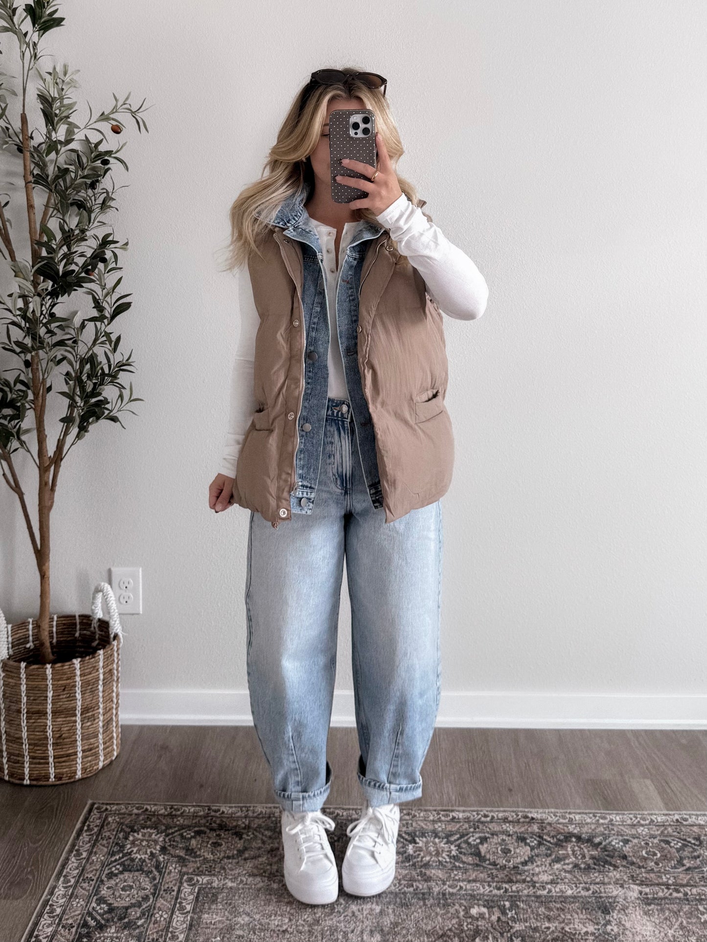 Daily Wear Denim Layered Puffer Vest / Mocha (Restocking Soon)
