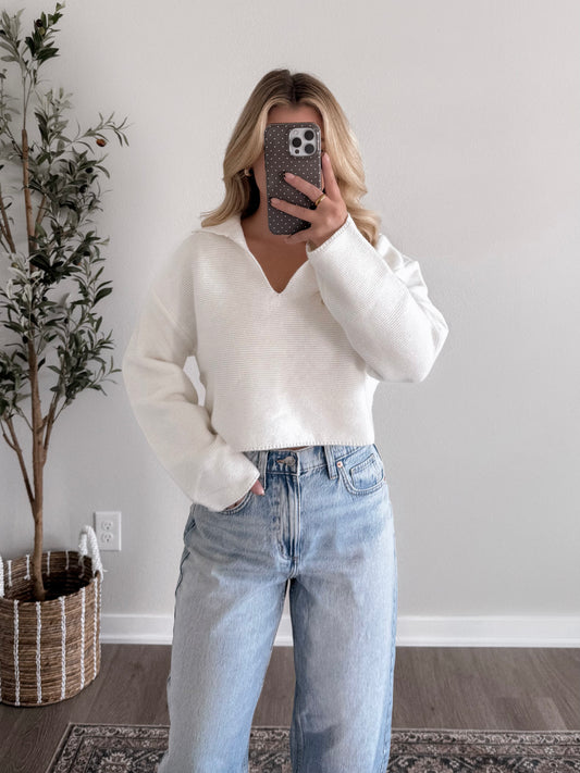 Coffee Date Cropped Knit Sweater / Off White