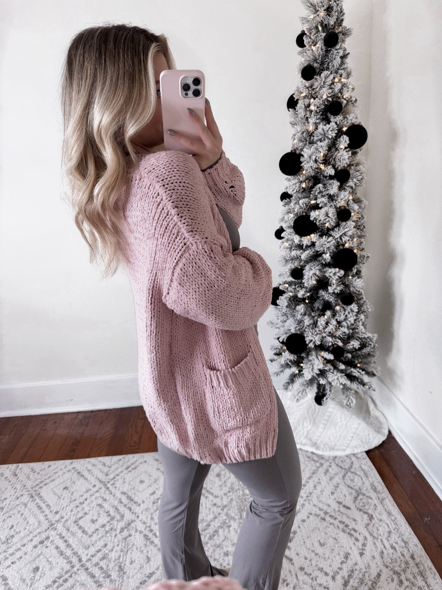 Powder Pink Chenille Open Knit Cardigan