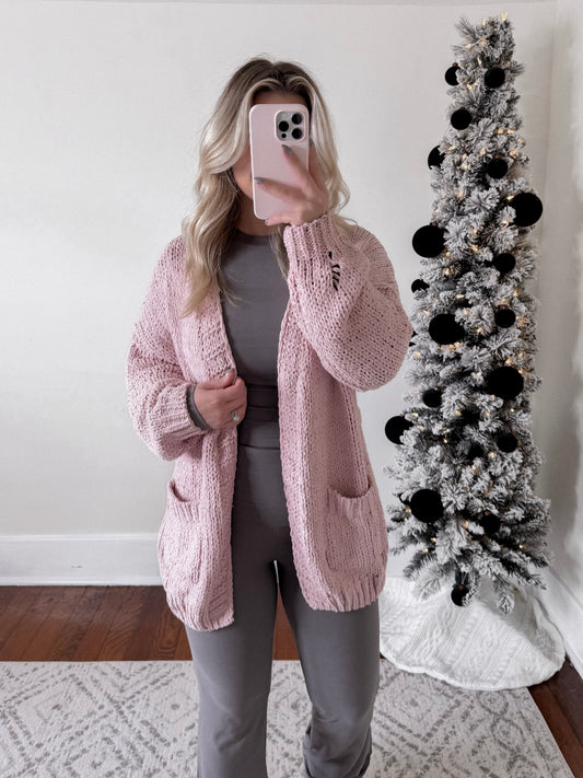 Powder Pink Chenille Open Knit Cardigan