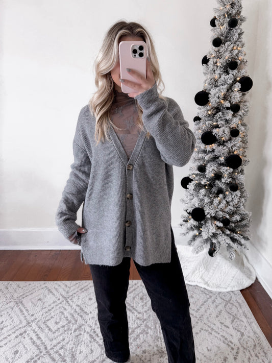 Gray Button Down Ribbed Sweater