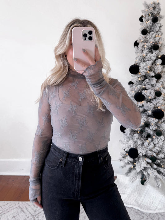 Lace Sheer Layering Top / Steel (With Thumb Holes)