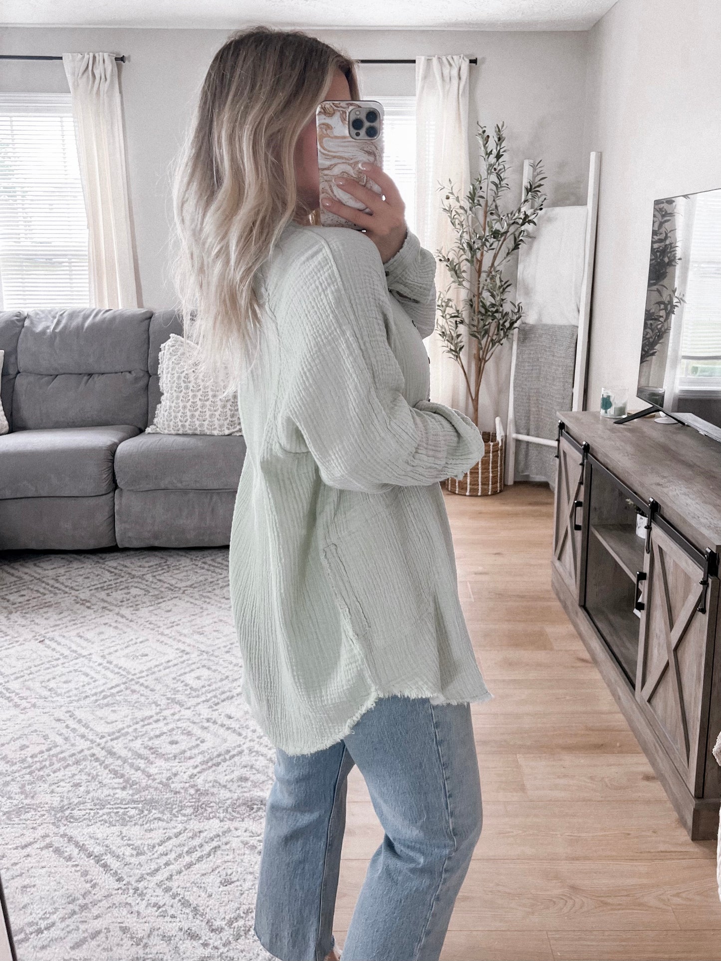 Be Free Gauze Button Down - Minty Sage Final Sale