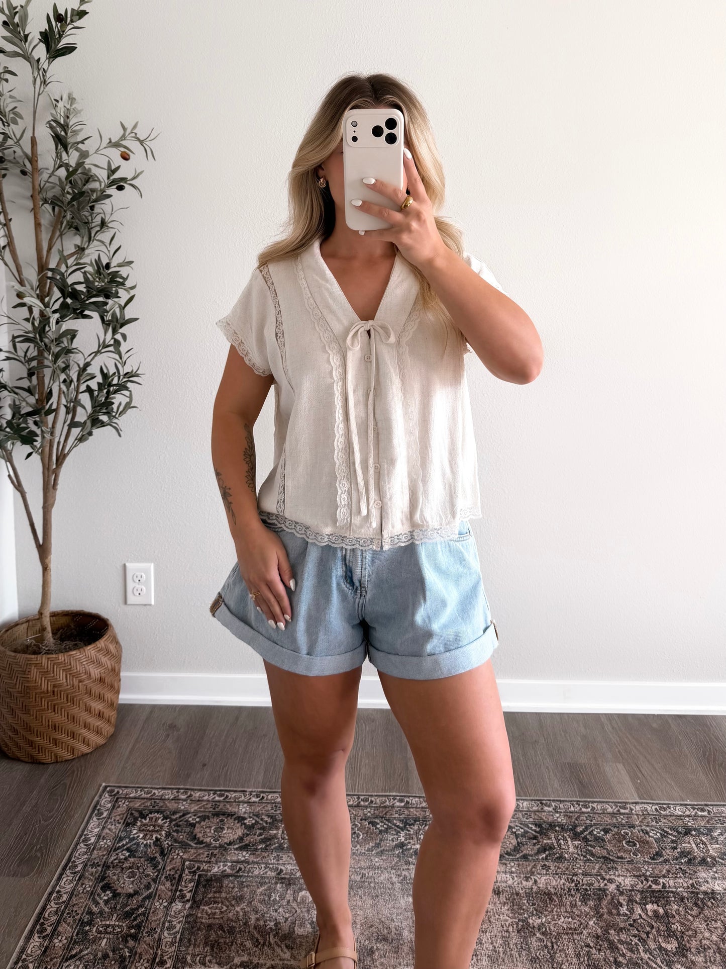 Penny Lace Linen Top / Solid Oat