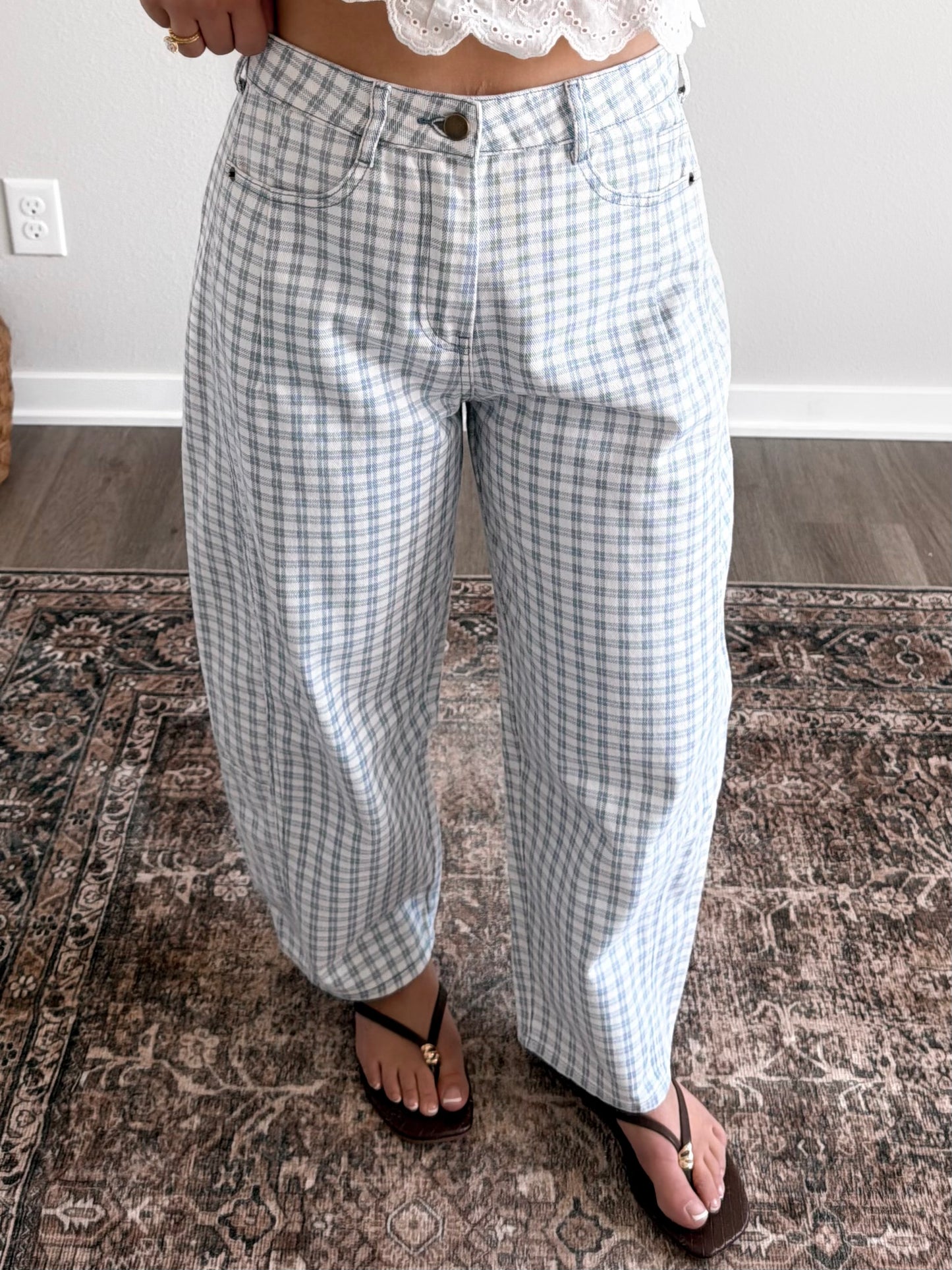 Gridlock Check Print Barrel Pant / Blue