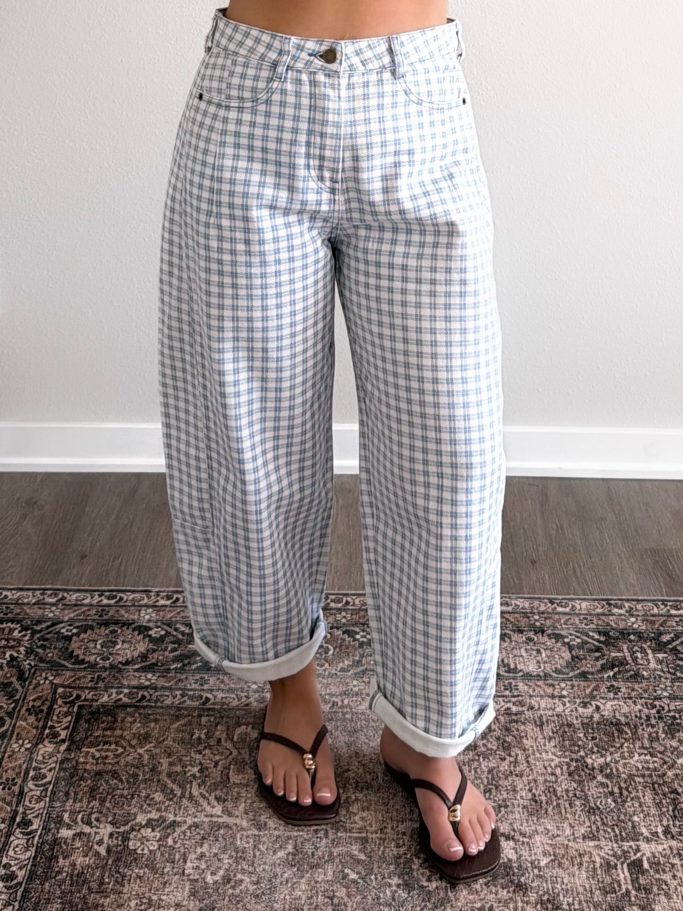 Gridlock Check Print Barrel Pant / Blue