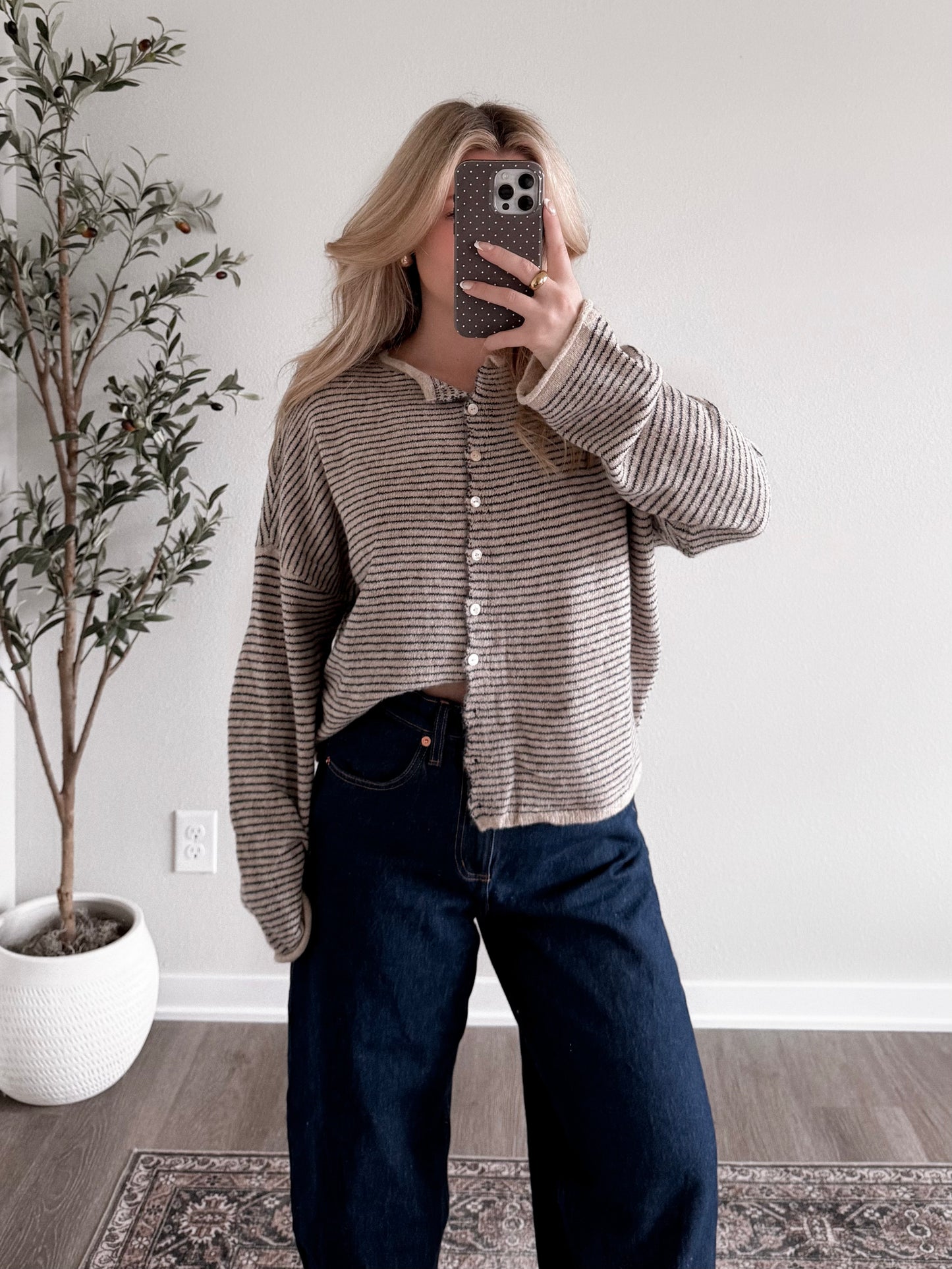 Lodge Striped Knit Cardigan / Oat Navy Combo