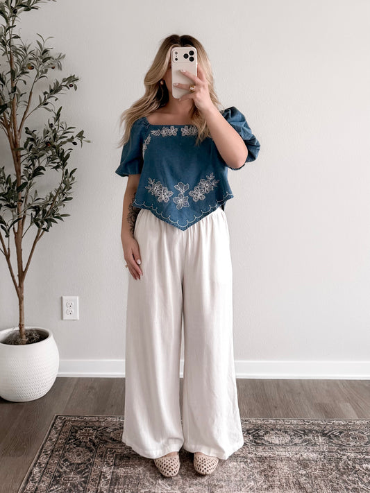 Delilah Denim Embroidered Top