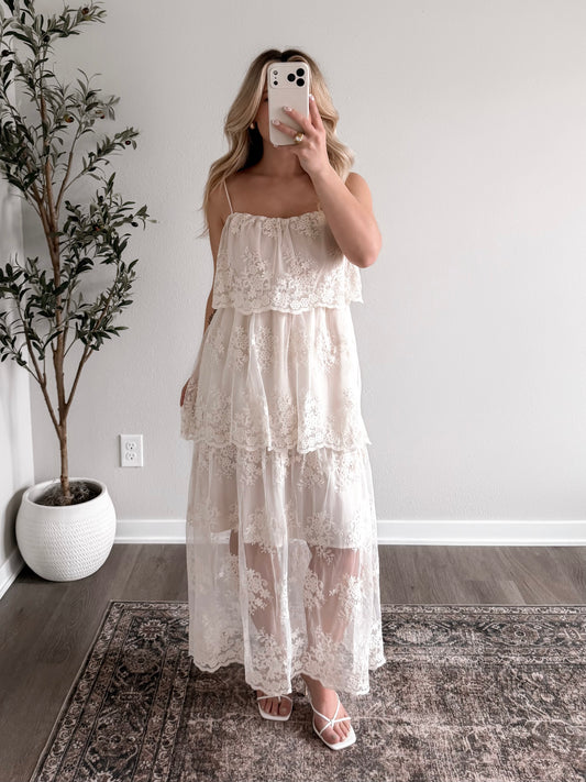 Honeymoon Lace Midi Dress (Restocking Early May)