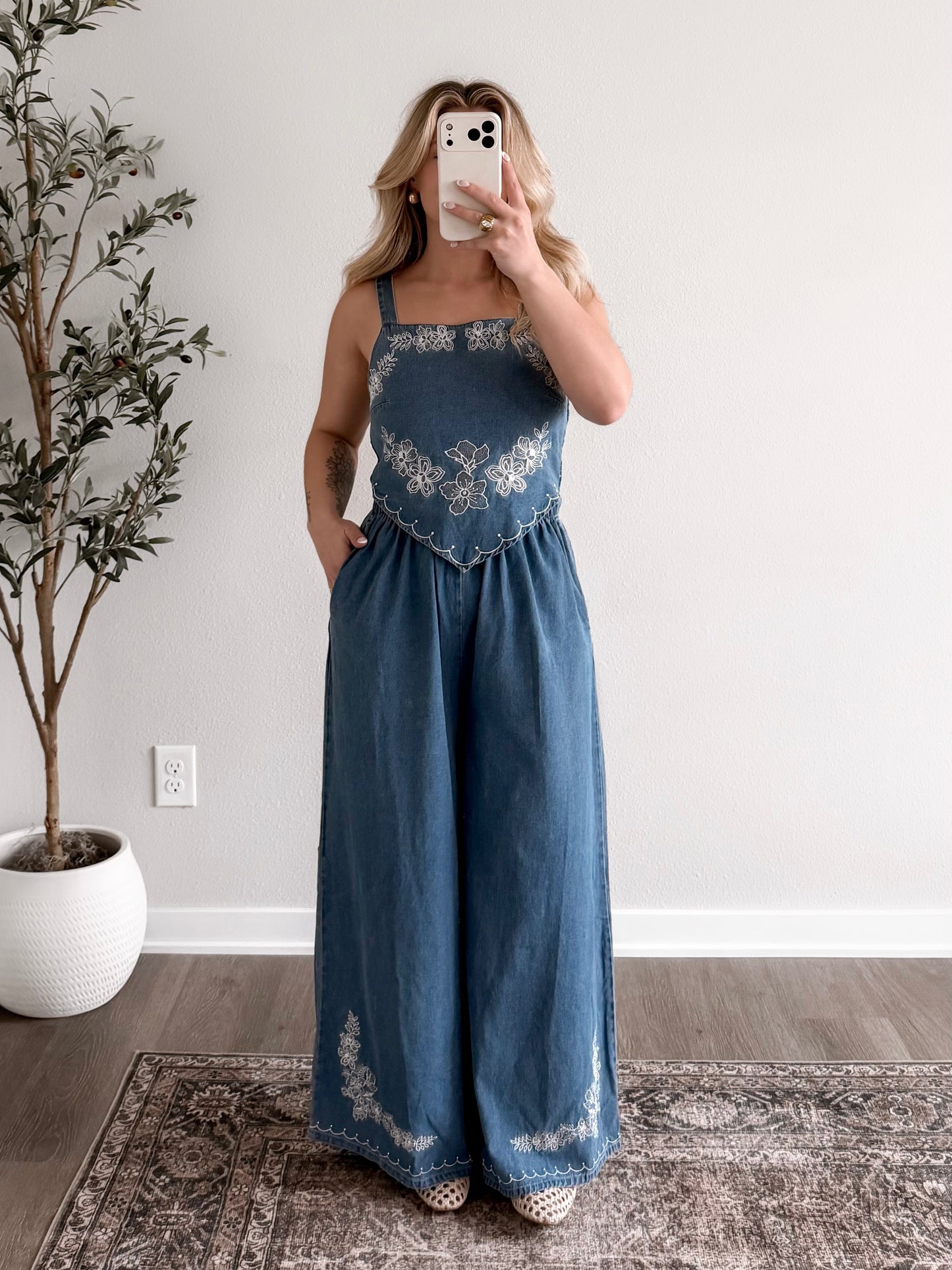 Delaney Denim  Embroidered Jumpsuit (Restocking 3.09)
