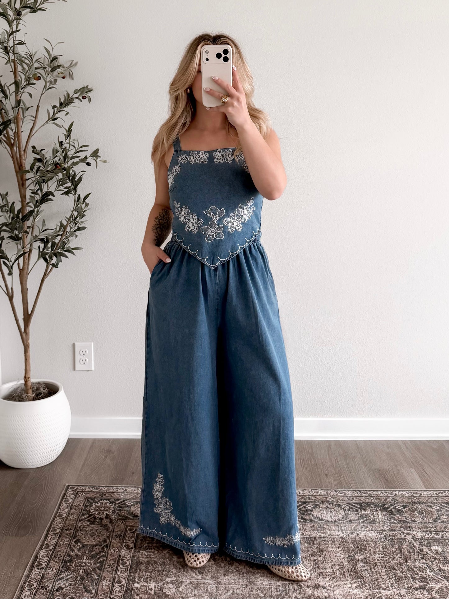 Delaney Denim  Embroidered Jumpsuit (Restocking 3.09)