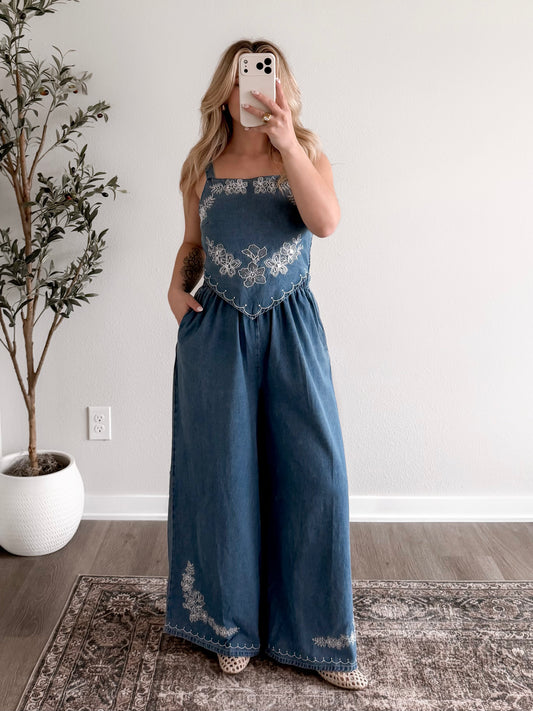 Delaney Denim  Embroidered Jumpsuit (Restocking 3.09)