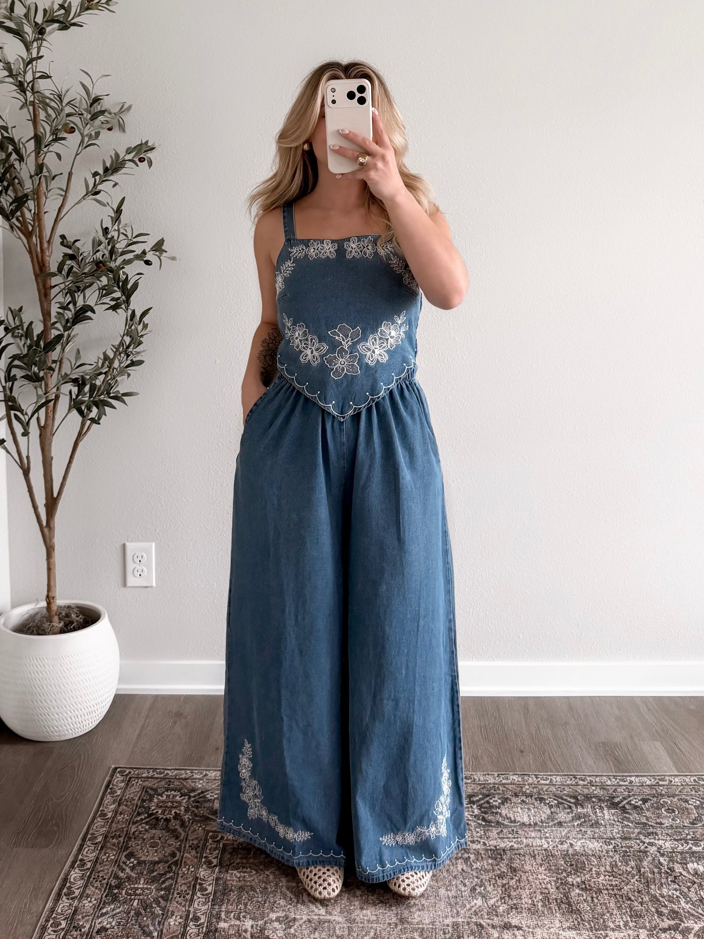 Delaney Denim  Embroidered Jumpsuit (Restocking 3.09)