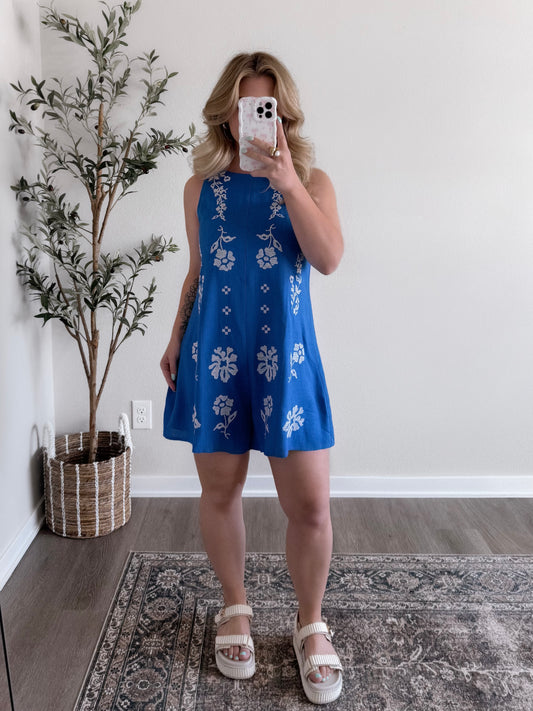 Lagoon Linen Embroidered Romper (est ship date 5.13)